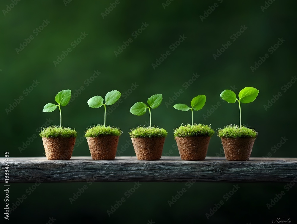 Poster rows of peat pots with delicate seedlings resting on a worn moss colored wooden platform or base wit