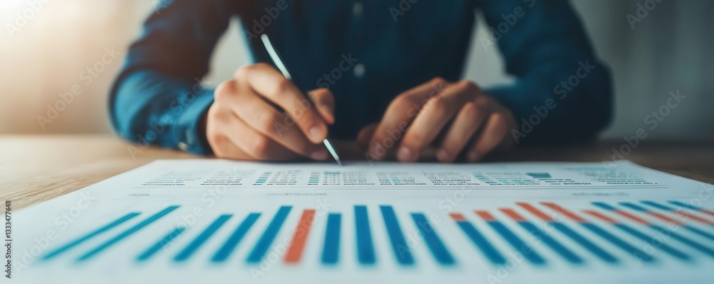 Poster analyzing financial data trends office setting business report professional environment close-up vie
