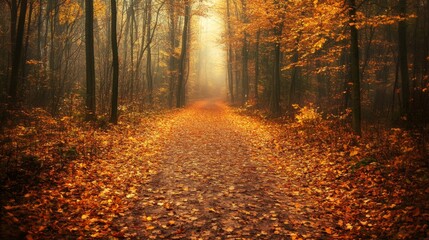 Fototapeta premium Autumn Path Through Misty Golden Forest