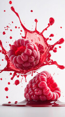 Fresh raspberries splashed with vibrant raspberry juice on a clean white background showcasing organic fruit photography in stunning detail  Stock Photo Image Fruits Presentation