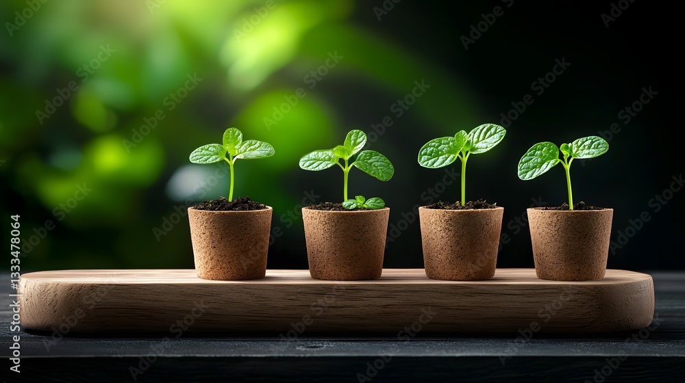 Poster rustic peat starter pots displaying newly sprouted seedlings arranged on a gnarled weathered wooden 