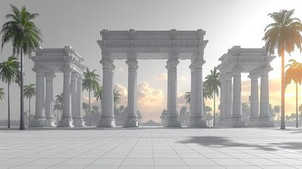 Fototapeta premium Majestic Ancient Temple Ruins Surrounded by Lush Palm Trees at Sunset in Soft Light