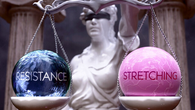 Resistance or Stretching as a choice, two options to choose from. Greek statue presenting two alternatives: resistance or stretching, weighing their values. Looking at pros and cons. ,3d illustration