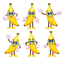 Set of cartoon banana characters showing various expressions and poses. Vector illustration