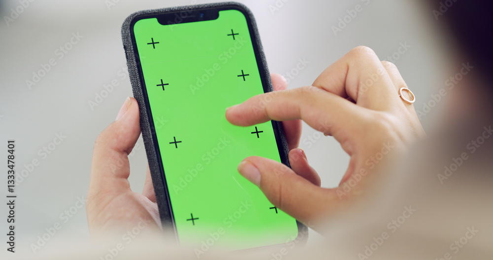 Poster green screen, phone and hands of person online for website, internet search and mobile app. mockup s
