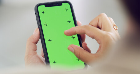 Green screen, phone and hands of person online for website, internet search and mobile app. Mockup space, social media and smartphone with tracking markers for user interface, ux and advertising