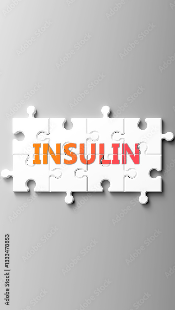 Poster Insulin complex like a puzzle - pictured as word insulin on a puzzle pieces to show that insulin is complex and needs cooperating pieces that fit together. ,3d illustration