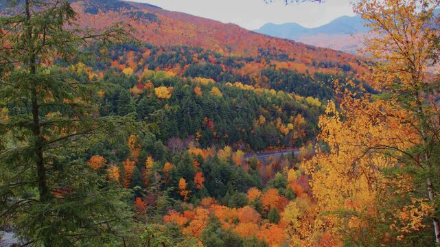 Brilliant aerial landscape showing dense fall foliage of red, orange, and yellow from high above Roaring Brook Falls. Stunning autumn scenery in rich 4K clarity.