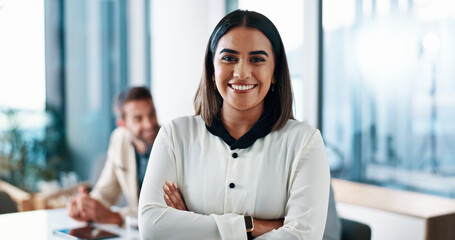 Portrait, meeting or business woman in office with arms crossed for budget planning at team....