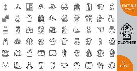 Clothes, Latest Fashion Trends, Styling Tips & Wardrobe Essentials icon pack | Detailed Outline | Editable Stoke 60 icon | Victor illustrator.