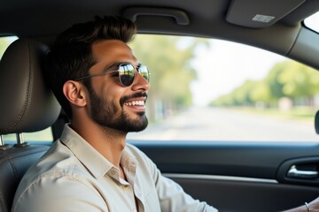 Smiling Caucasian Male in Sunglasses Driving a Car on a Sunny Day with Trees Lining the Boulevard