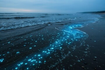 Bioluminescent Plankton Illuminating the Ocean Shoreline at Night Generative AI