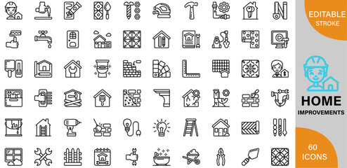 Home Improvement, Renovation, DIY Projects & Interior Design Tips icon pack | Detailed Outline | Editable Stoke 60 icon | Victor illustrator.