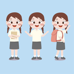 vector illustration of set of girl character back to school, holding a book, bring school bag , suited for school purpose, education, promotion, children book