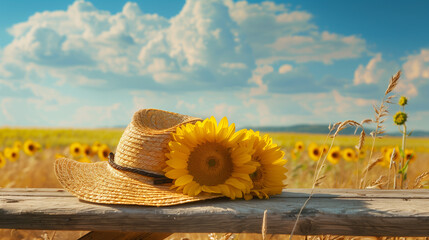 A delicate straw hat with vibrant sunflowers, resting on a wooden bench in a golden field under a bright blue sky