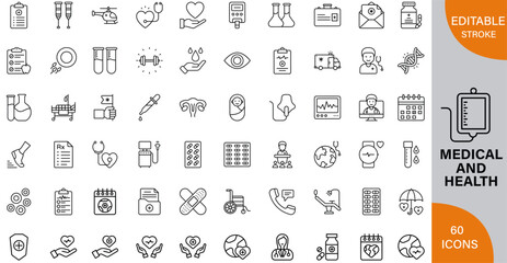 Medical, Healthcare, Treatments & Wellness Insights icon pack | Detailed Outline | Editable Stoke 60 icon | Victor illustrator.
