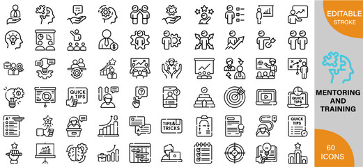 Mentoring, Guidance, Leadership & Success Strategies icon pack | Detailed Outline | Editable Stoke 60 icon | Victor illustrator.