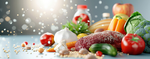 Obraz premium variety of nutrient dense foods including vegetables, grains, and meat are displayed table, showcasing healthy and balanced diet. vibrant colors and fresh ingredients create inviting and