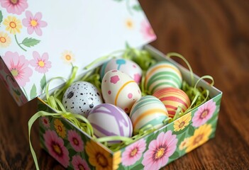 Fototapeta premium Pastel speckled & swirled chocolate eggs in vibrant spring-themed gift box with cheerful floral pattern, festive, texture
