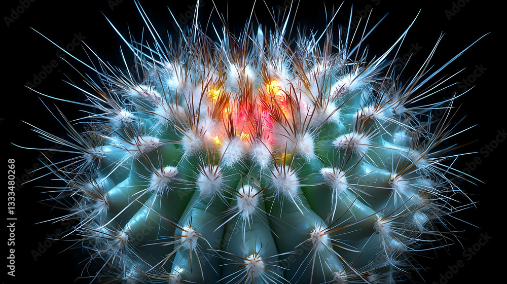 Poster extreme close-up of colorful cactus spines capturing their sharp details in a dark background