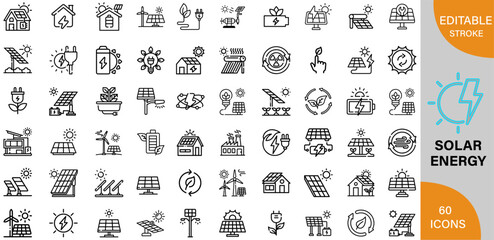 Solar Energy, Benefits, Technology & Renewable Power Solutions icon pack | Detailed Outline | Editable Stoke 60 icon | Victor illustrator.