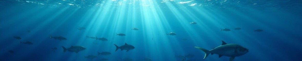 Fototapeta premium Peaceful seascape with serene blue waters and shoals of shimmering fish swimming, relaxation, marine environment