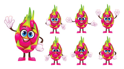 Set of cartoon dragon fruit characters showcasing different facial expressions and gestures. Vector illustration