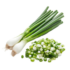 Fresh cut green onions on a bright white background for culinary use and garnishing dishes, fresh cut green onions isolated on white background