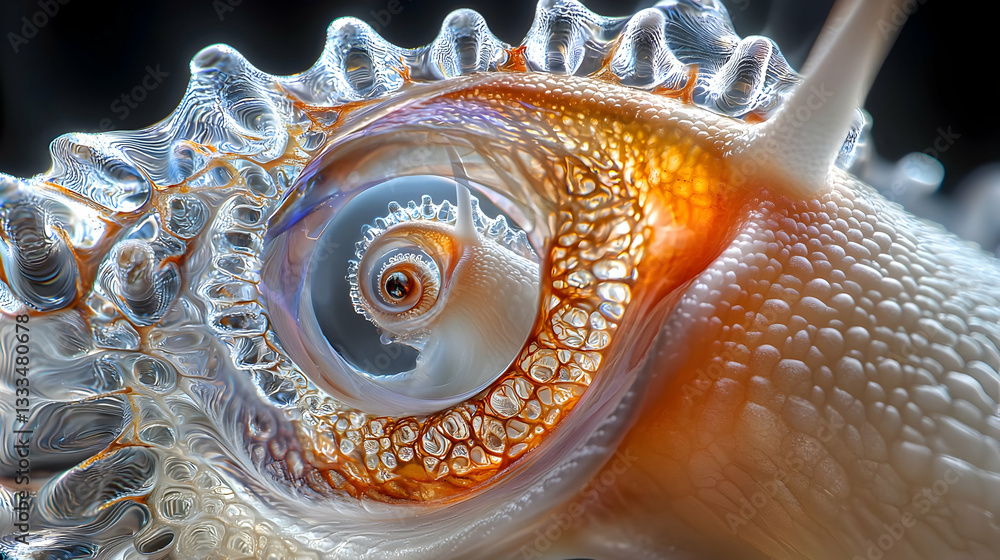Poster extreme close-up of the intricate surface of a snail with a colorful eye and unique textures