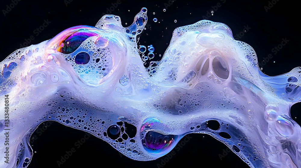 Poster extreme closeup of a bursting soap bubble capturing colorful iridescent patterns and motion