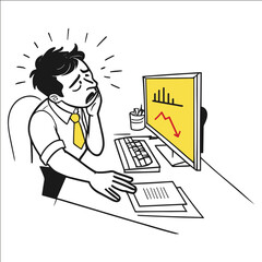 A man is sitting at a desk with a computer monitor in front of him. He is looking at the screen with a frown on his face. The monitor shows a graph with a downward trend