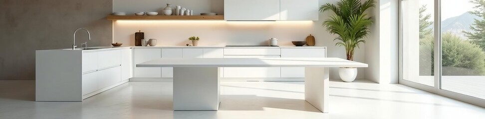 Sleek white dining table in a minimalist kitchen, design, furniture