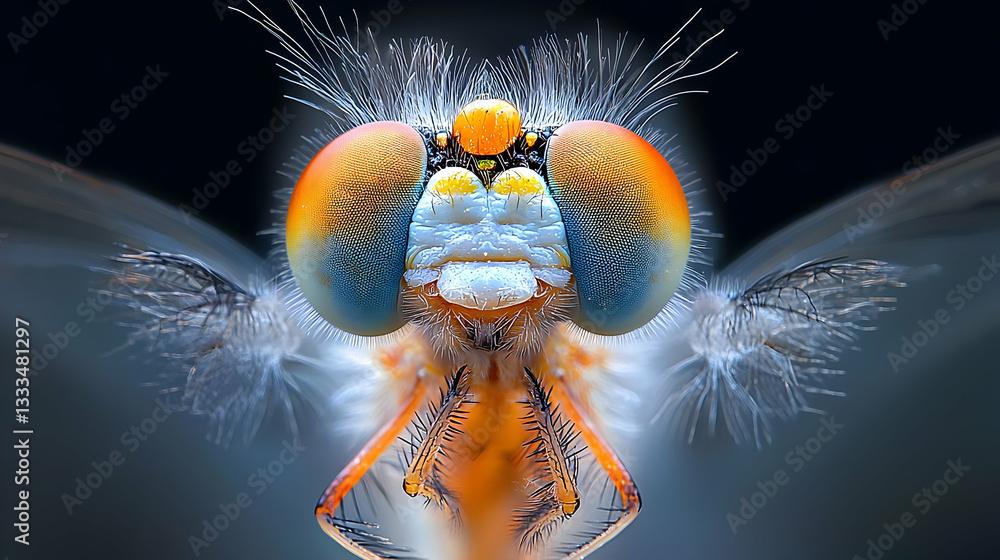 Poster extreme macro capture of a dragonfly thorax showcasing intricate details and colorful patterns