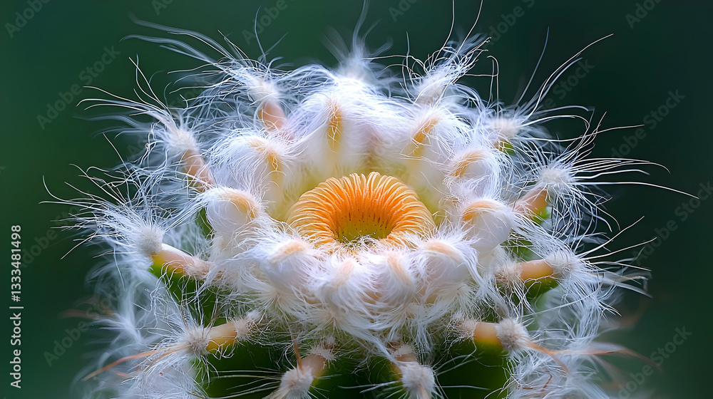 Poster extreme macro capture of cactus spine texture with soft white details and vibrant flowering elements