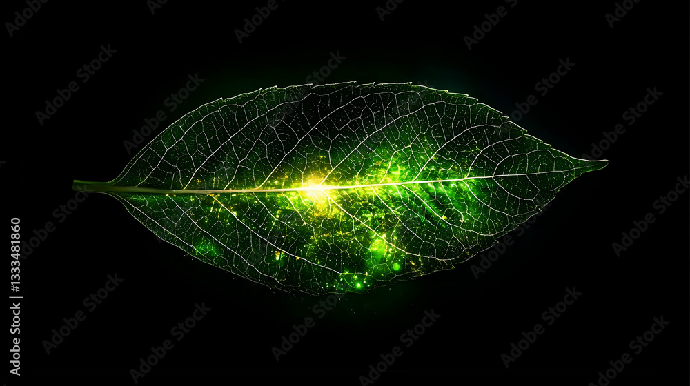 Poster extreme macro closeup of a small leaf with visible veins and illuminated background sparkles