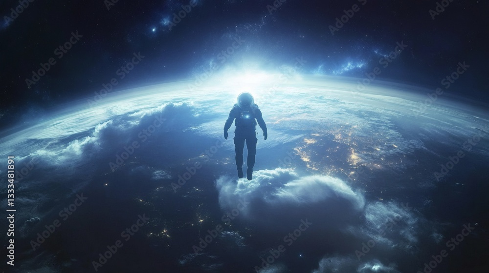 Poster an astronaut floating weightlessly above earth with the blue planet and its glowing atmosphere visib