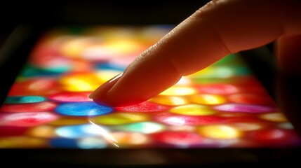 Finger touching colorful tablet screen, blurred background