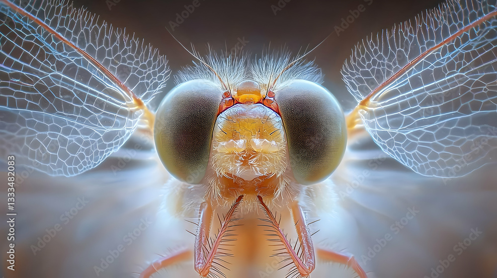 Poster extreme macro image capturing the intricate thorax and wings of a dragonfly with fine details
