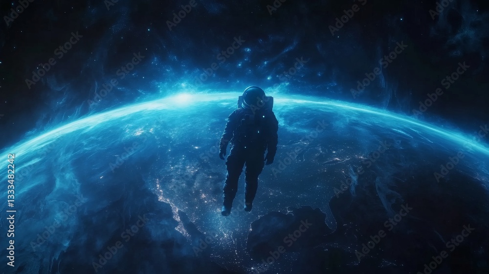 Poster an astronaut floating weightlessly above earth with the blue planet and its glowing atmosphere visib