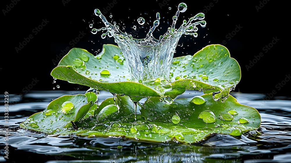 Poster extreme macro image of a raindrop bouncing off a lily pad surrounded by water splashes
