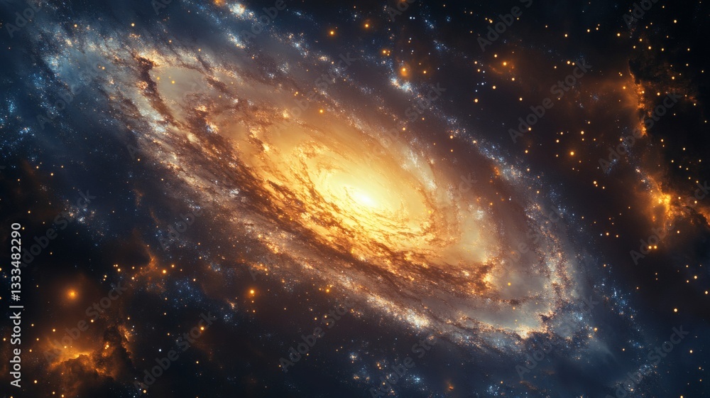 Poster a breathtaking view of a spiral galaxy with glowing stars and cosmic dust swirling in deep space, cr