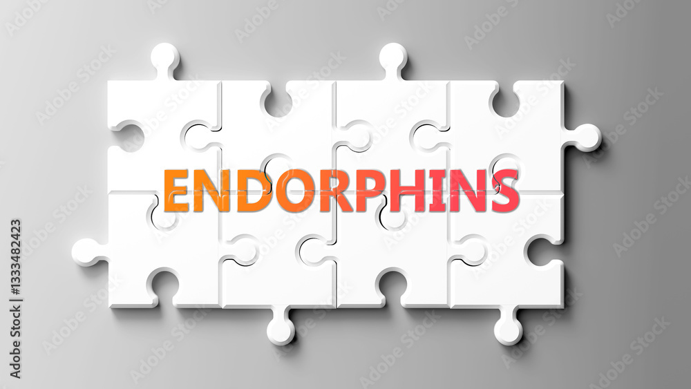 Poster endorphins complex like a puzzle - pictured as word endorphins on a puzzle pieces to show that endor