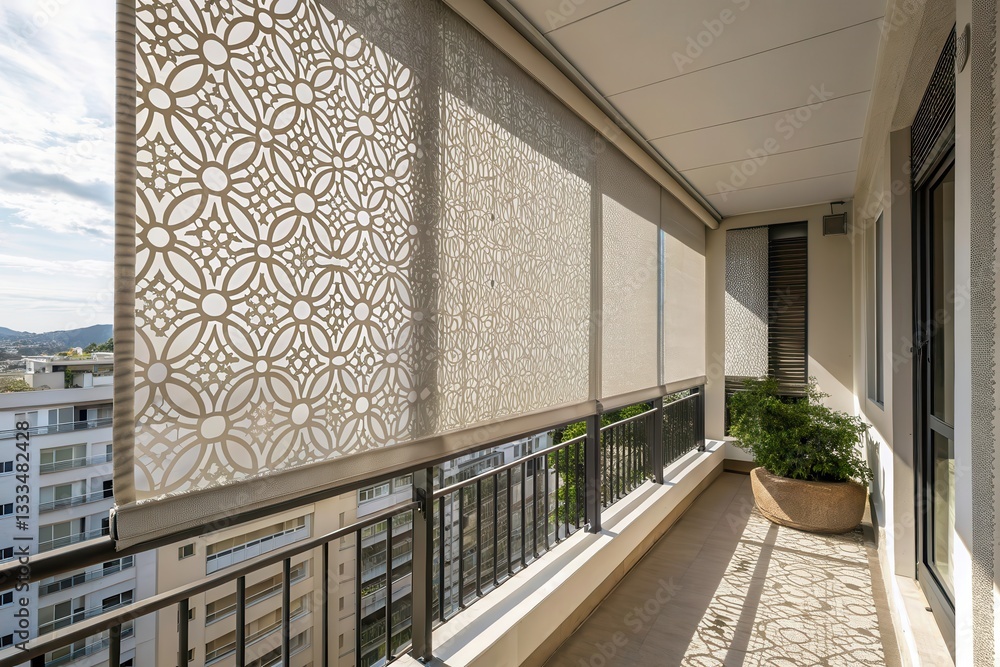 Poster intricate balcony patterned shade screen enhancing outdoor space in urban setting generative ai