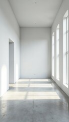 Spacious white room with large windows and concrete floor, minimalist, clean