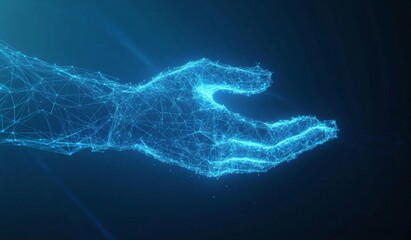 Abstract digital hand outstretched, dark background, futuristic technology