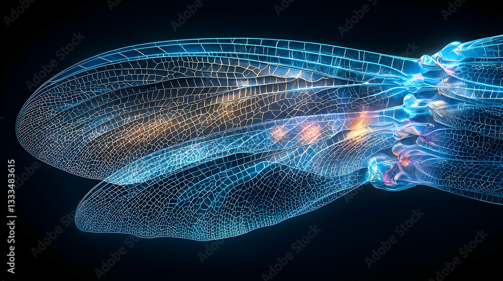 Poster extreme macro of a dragonfly wing veins displaying intricate patterns of light and color
