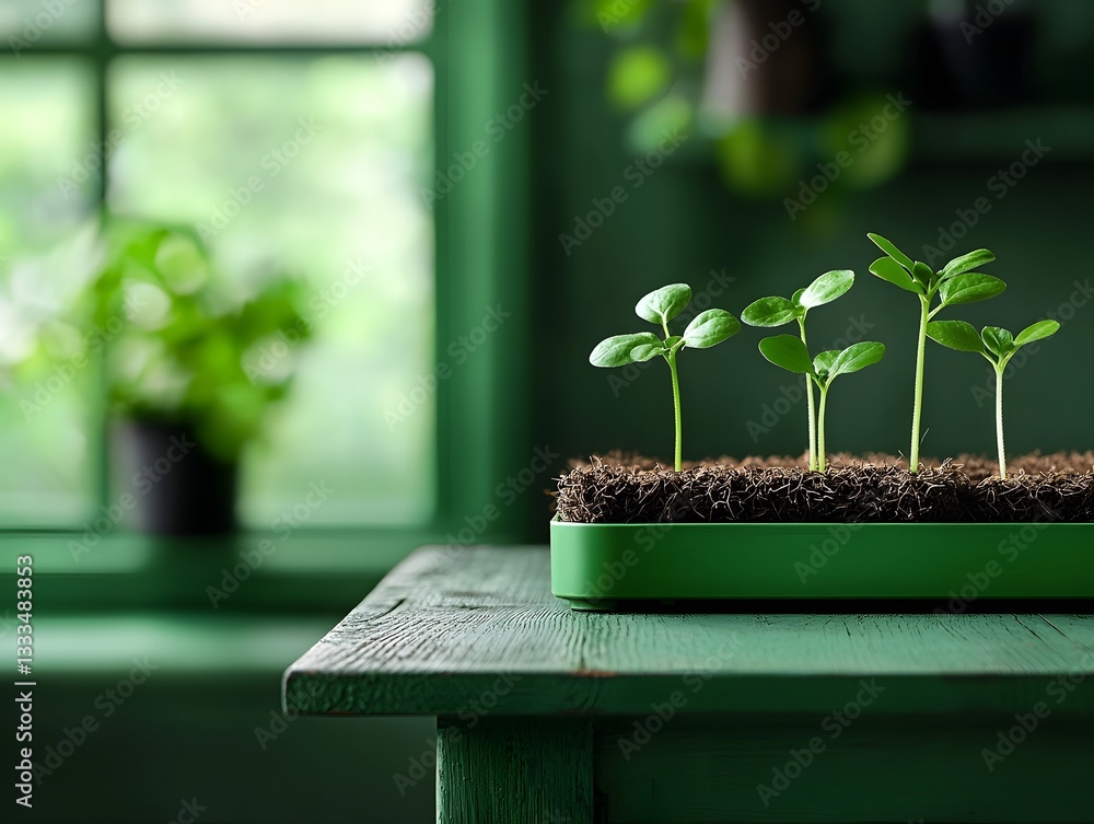 Poster tender new seedlings and saplings nurturing in propagation trays displayed on a time worn rustic gre