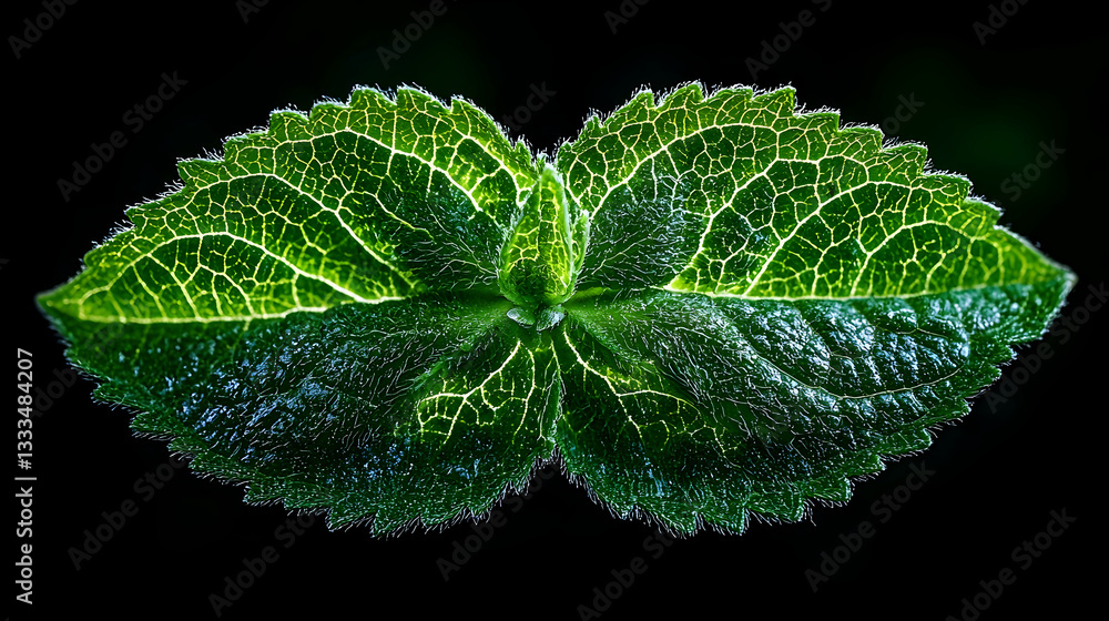 Poster extreme macro of a small leaf with visible veins and glossy texture in dark background