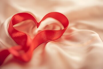 Red Ribbon Heart on Beige Fabric