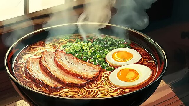 A steaming bowl of delicious, flavorful ramen with toppings, stylized illustration.